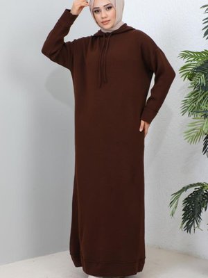 2442 Kapüşonlu Triko Elbise Kahverengi