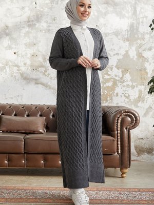 Jolie Örgü Desenli Triko Uzun Hırka Antrasit