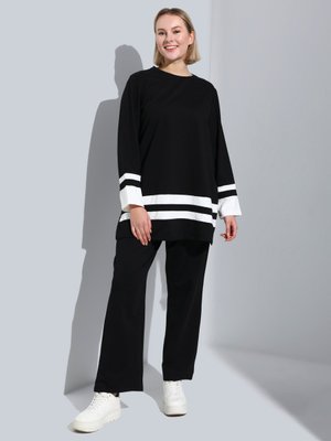 Büyük Beden Doğal Kumaşlı İkili Eşofman Takımı Siyah Ekru