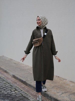 Kuşaklı Uzun Kanvas Gömlek Haki