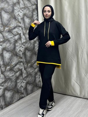 Garnili Kapüşonlu Eşofman Takımı Siyah Garnili Kapüşonlu Eşofman Takımı Siyah