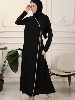 Siyah Kruvaze Yaka Biyeli Esnek Interlok Kumaş Namaz Elbisesi