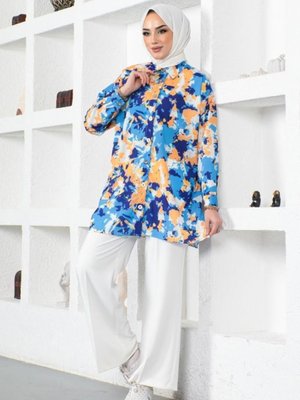8890 Desenli Tesettür Gömlek Saks Mavisi