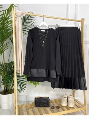 Bien İkili Piliseli Deri Detaylı Etek Bluz Takım Bien İkili Piliseli Deri Detaylı Etek Bluz Takım