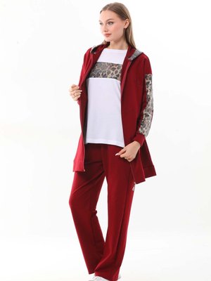 Leopar Pul Payet Detaylı Bordo Renk Günlük Lü Spor Takım