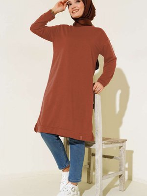 Yanları Yırtmaçlı Basic Uzun Tunik Kiremit