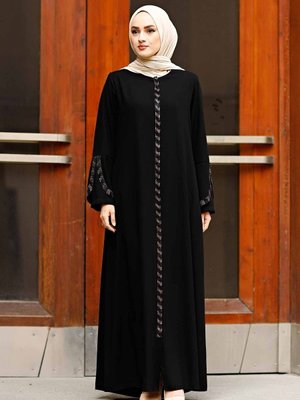 Büyük Beden Taş Şeritli Koldan Detaylı Lazer Taşlı Krep Kumaş Ferace