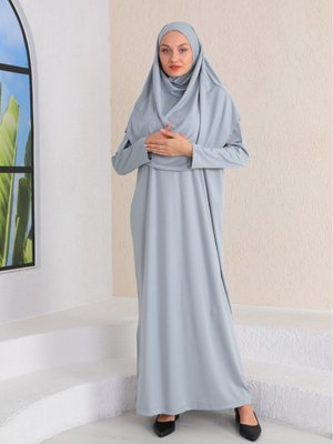 Kolay Giyilebilen Tek Parça Namaz Elbisesi Gümüş Gri