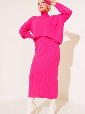 Balıkçı Yaka Kazak Jile Triko İkili Takım Fuşya