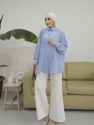 Taş Detaylı Keten Oversize Gömlek