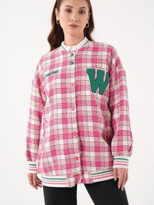 Nakışlı Ekose Pudra Pembe Bomber Ceket Nakışlı Ekose Pudra Pembe Bomber Ceket