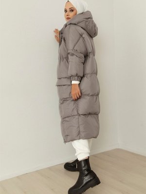 Çıt Düğmeli Uzun Oversize Şişme Mont