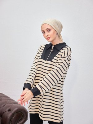 Siyah Yarım Fermuarlı Çizgili Spor Takım