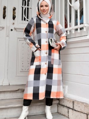 Boydan Düğmeli Kapüşonlu Kap Turuncu