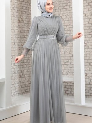 Kemeri Taşlı Tül Detay Abiye Elbise Gri
