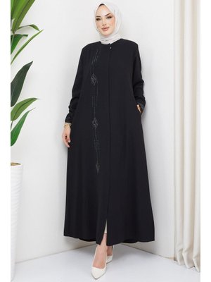 Siyah Damla Taşlı Büyük Beden Ferace