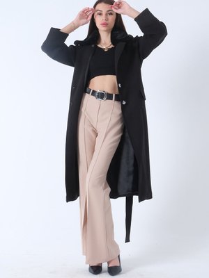 Siyah Uzun Kaşe Düğmeli Çıkarılabilir Suni Kürklü Cepli Kaban