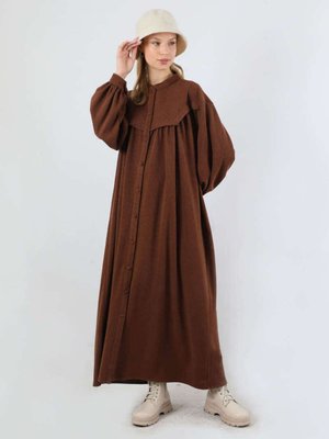 Düğmeli Triko Elbise Kahverengi Düğmeli Triko Elbise Kahverengi