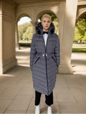 Gri Kürk Kapüşonlu Kemerli Şişme Mont