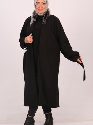 Siyah Büyük Beden Kürk Yakalı Astarlı Kaşe Kaban