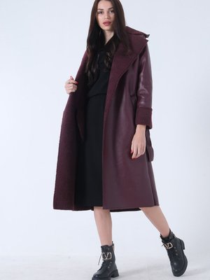 Bordo Uzun Biker Kuşaklı Kaban