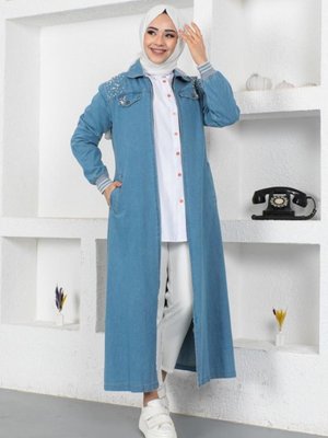 İnci Detaylı Uzun Kot Kap Mavi
