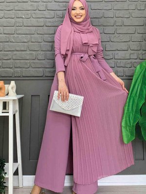 Piliseli Şifon Pelerin Detay Bel Kuşaklı Tulum Pudra