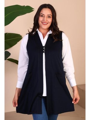Lacivert Kadin Buyuk Beden Tesettur Düğmeli Ve Cepli Esnek Yelek