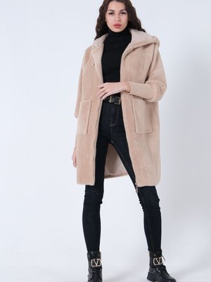 Camel Kapüşonlu Peluş Mont