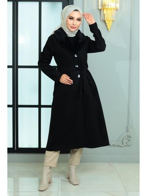 Siyah Geniş Kürk Yakalı Kaşe Kaban