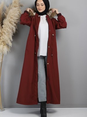 Kapüşonlu Ribanalı Mont Bordo