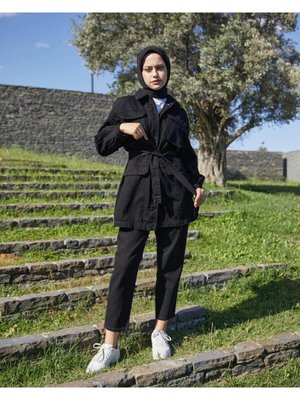Vioshine Önü Düğmeli Kuşaklı Kot Mont