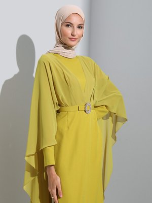 Yag Yesili Şifon Pelerinli Kemerli Abiye Elbise