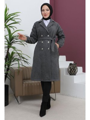 Antrasit Düğme Detaylı Kaşe Kaban