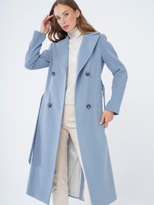 Kruvaze Belden Bağlamalı Ara Boy Kaban Mavi