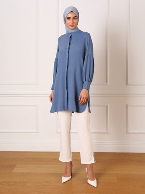 Mavi Gizli Düğmeli Balon Kol Aerobin Tunik Kirli