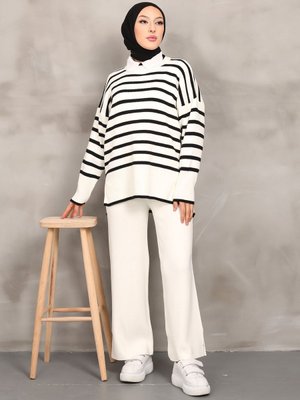 Krem Çizgili Triko Takım