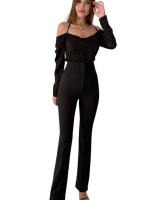 Siyah İspanyol Paça Yüksek Bel Kumaş Pantolon