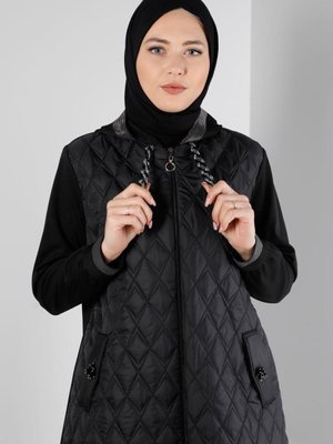 Kapüşonu Taş Detaylı Kapitone Giy Çık