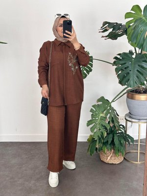 Cepli Pamuk Ketentaşlı Takım Acıkahve Cepli Pamuk Ketentaşlı Takım Acıkahve