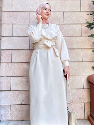 Krem Kalın Kemerli Sweat Elbise