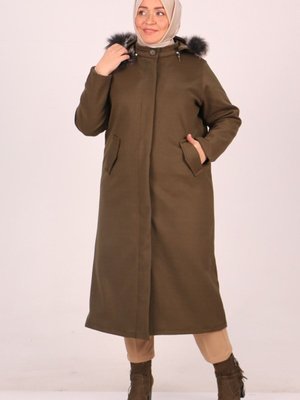 Haki Büyük Beden Düğmeli Çıkarılabilir Kapüşonlu Kaşe Kaban