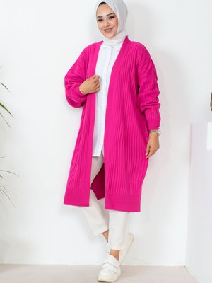 Fuşya Modest Fitilli Yırtmaçlı Uzun Triko Hırka