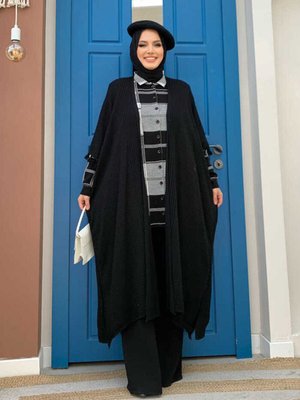 Kol Püskül Detay Salaş Triko Hırka Siyah