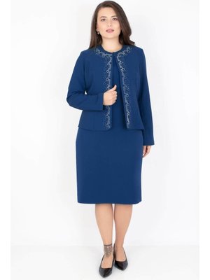Lacivert Büyük Beden Taşlı Ceket Etek Takım