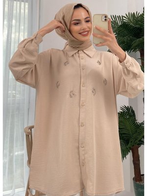 Palu Taş Işlemeli Dokuma Bej Gömlek