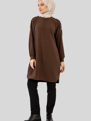 Kahve Omuzu Düğme Detaylı Bisiklet Yaka Tunik