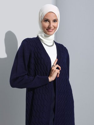 Saç Örgülü Uzun Triko Hırka Lacivert