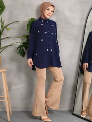 Lacivert İncili Taşlı Gömlek