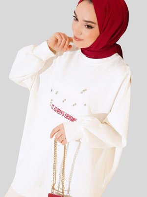 Ekru Önü Taşlı Bisiklet Yaka Tunik Ekru Önü Taşlı Bisiklet Yaka Tunik